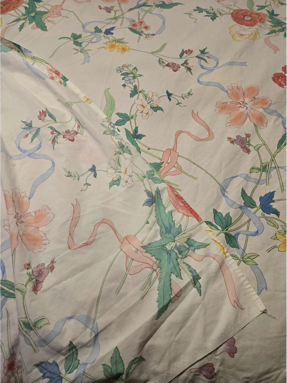 Vintage Springmaid Wondercale Queen Flat Sheet and Pillowcase flower ribbon